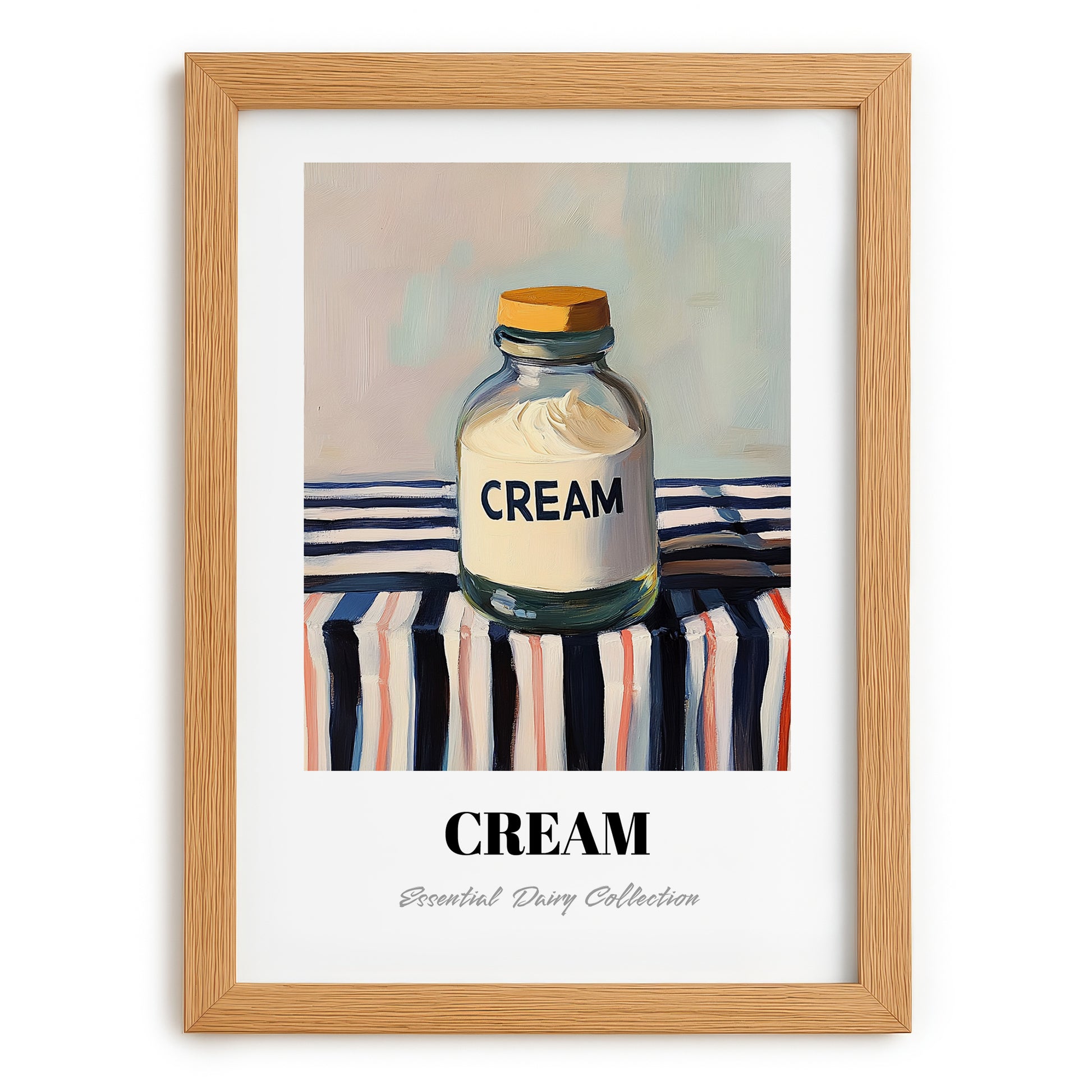 Cream – on Striped Tablecloth, Dairy Print, set in oak frame