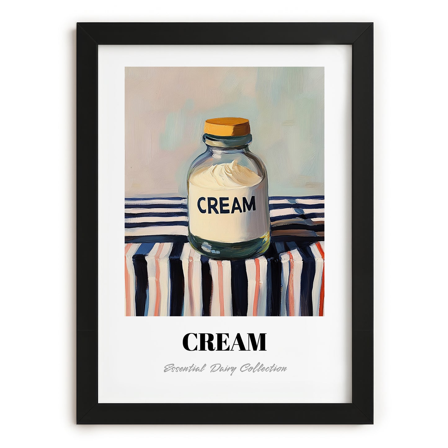 Cream – on Striped Tablecloth, Dairy Print, in sleek black frame