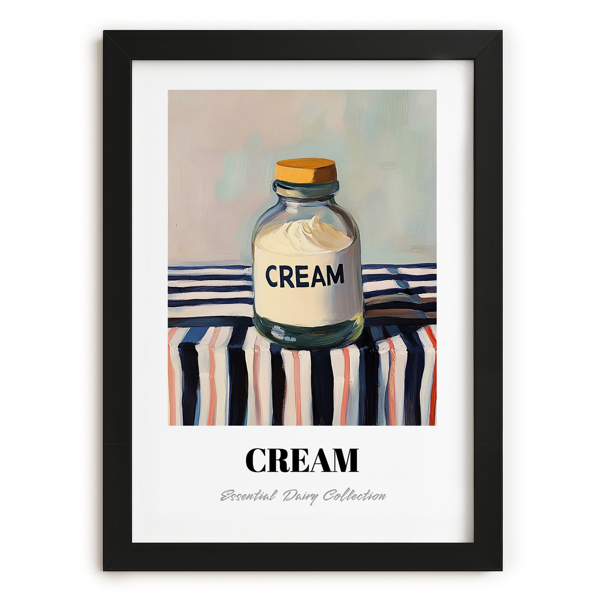 Cream – on Striped Tablecloth, Dairy Print, in sleek black frame
