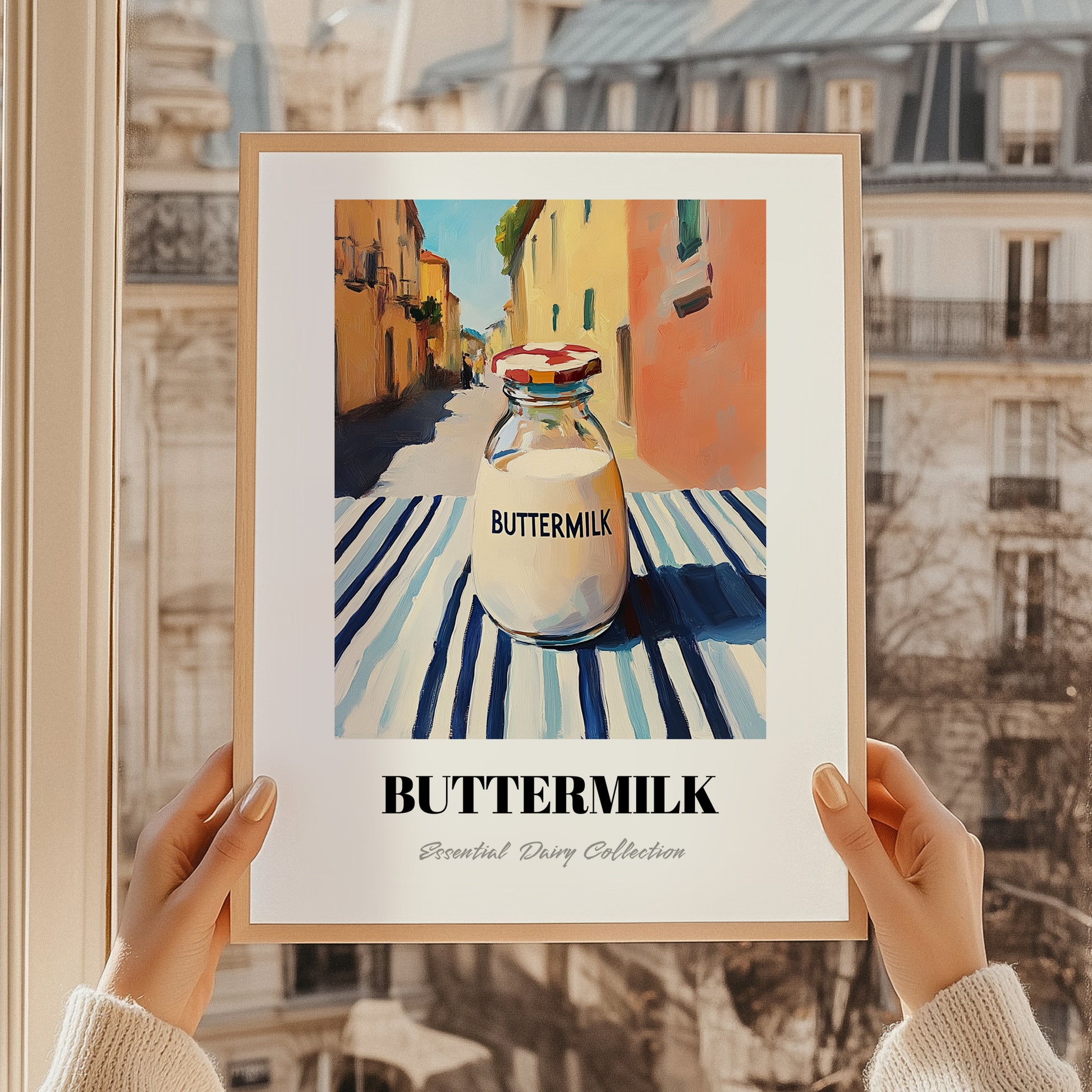 Buttermilk – Italian Street Café Scene, Dairy Still Life, styled in a charming Paris street view