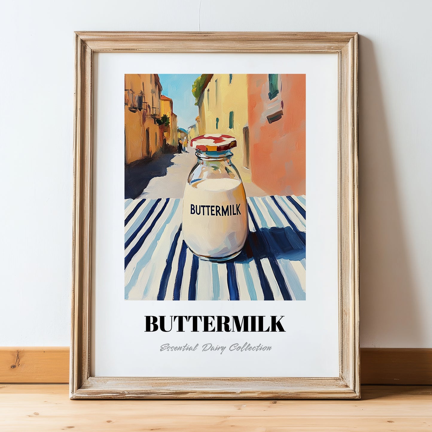 Buttermilk – Italian Street Café Scene, Dairy Still Life, in wooden frame leaning on the floor