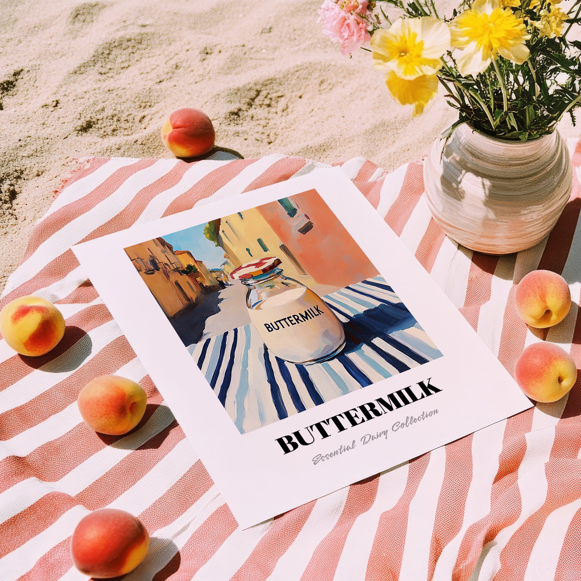 Buttermilk – Italian Street Café Scene, Dairy Still Life, unframed on coastal sand