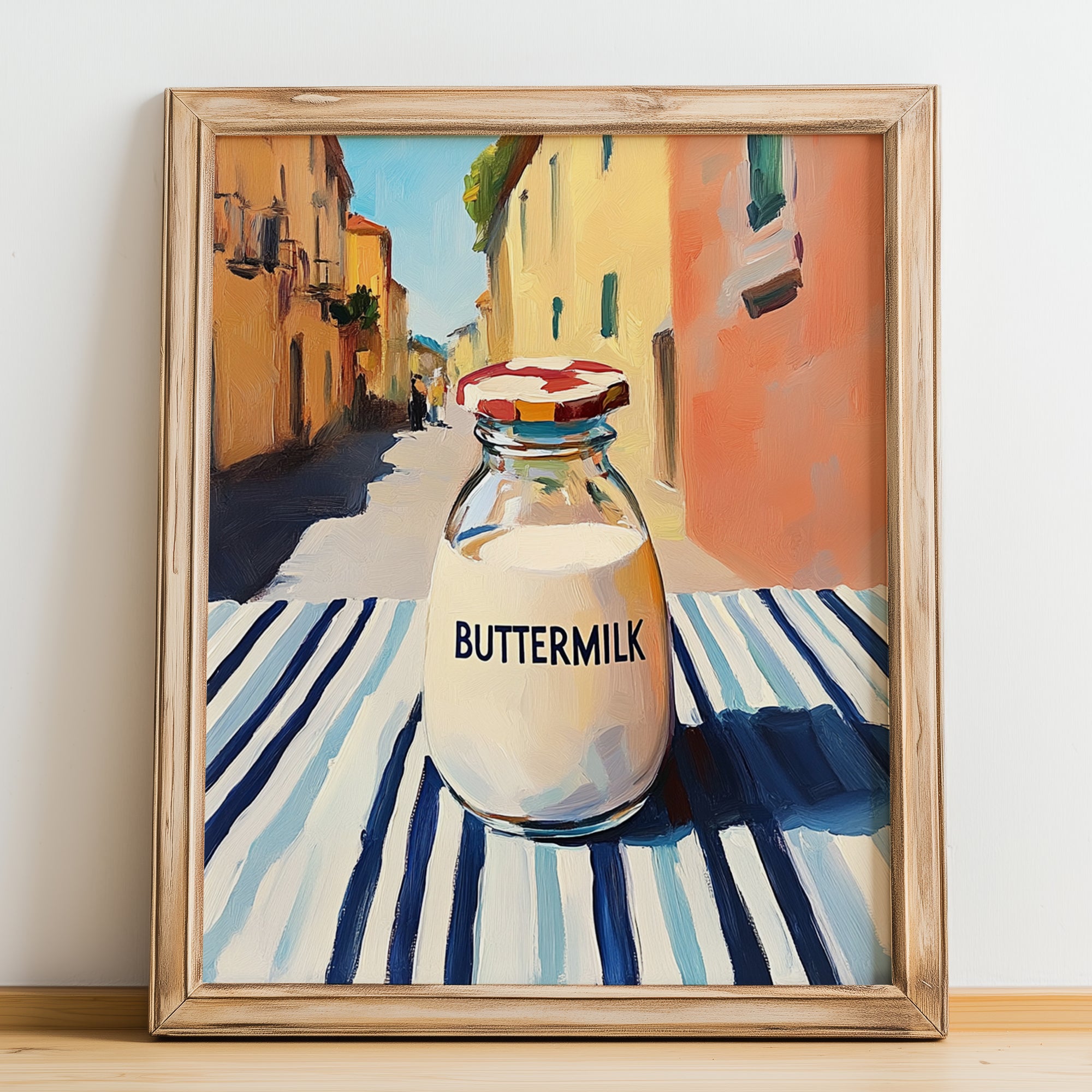 Buttermilk – Italian Street Café Scene, Dairy Still Life, no-text version framed in wood