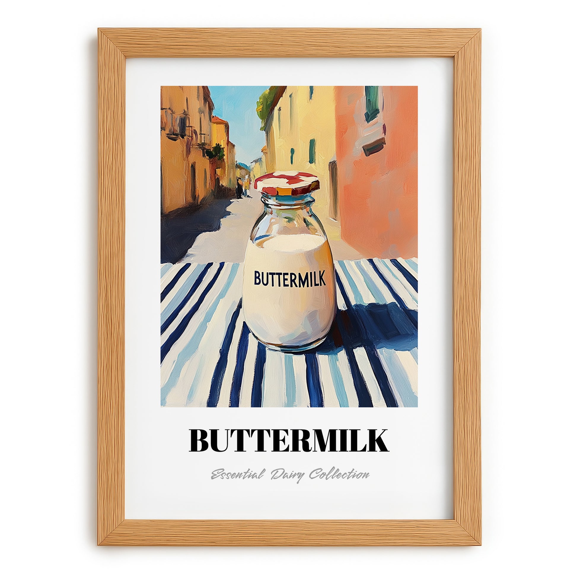 Buttermilk – Italian Street Café Scene, Dairy Still Life, set in oak frame