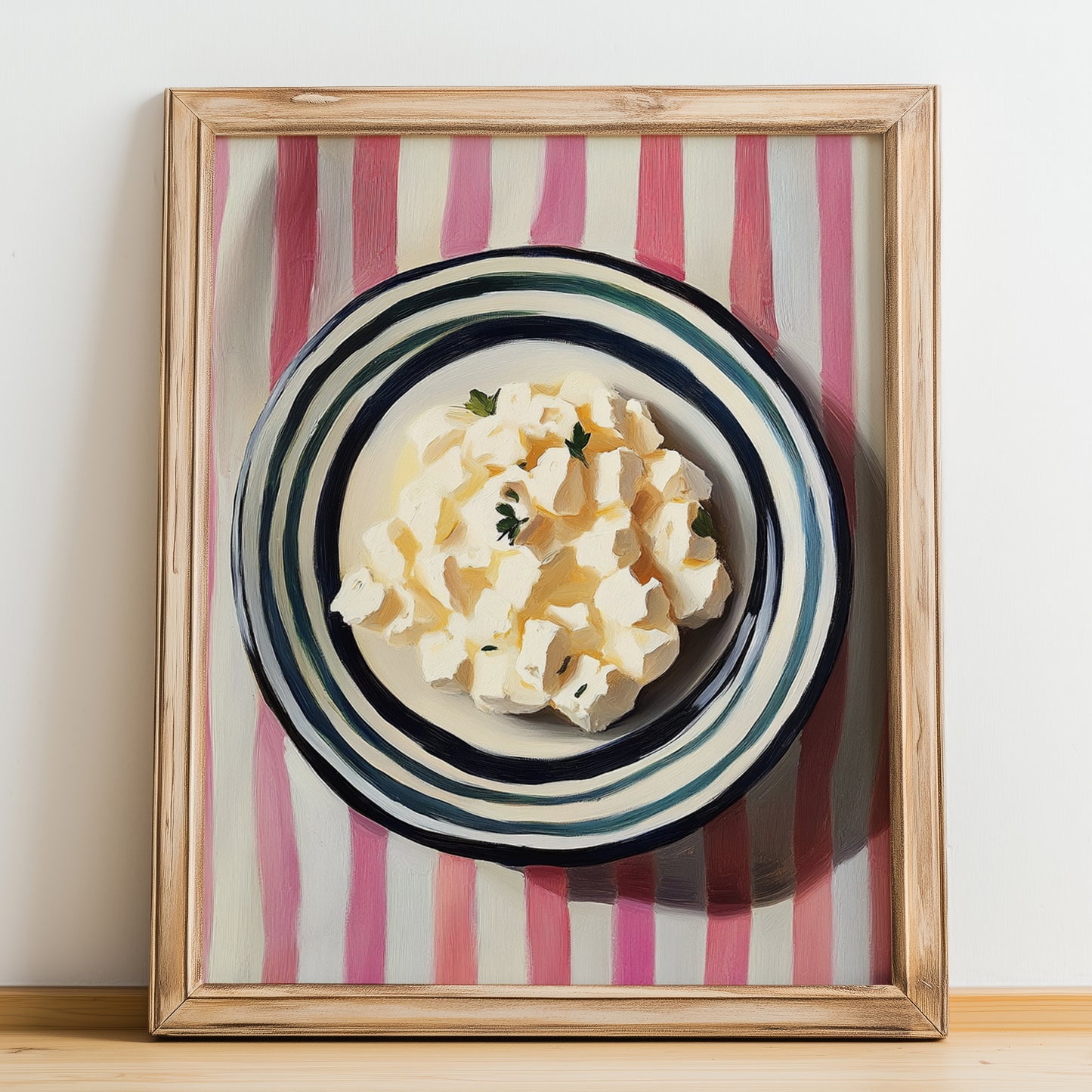 Cottage – on Striped Tablecloth, Cheese Wall Decor, no-text version framed in wood
