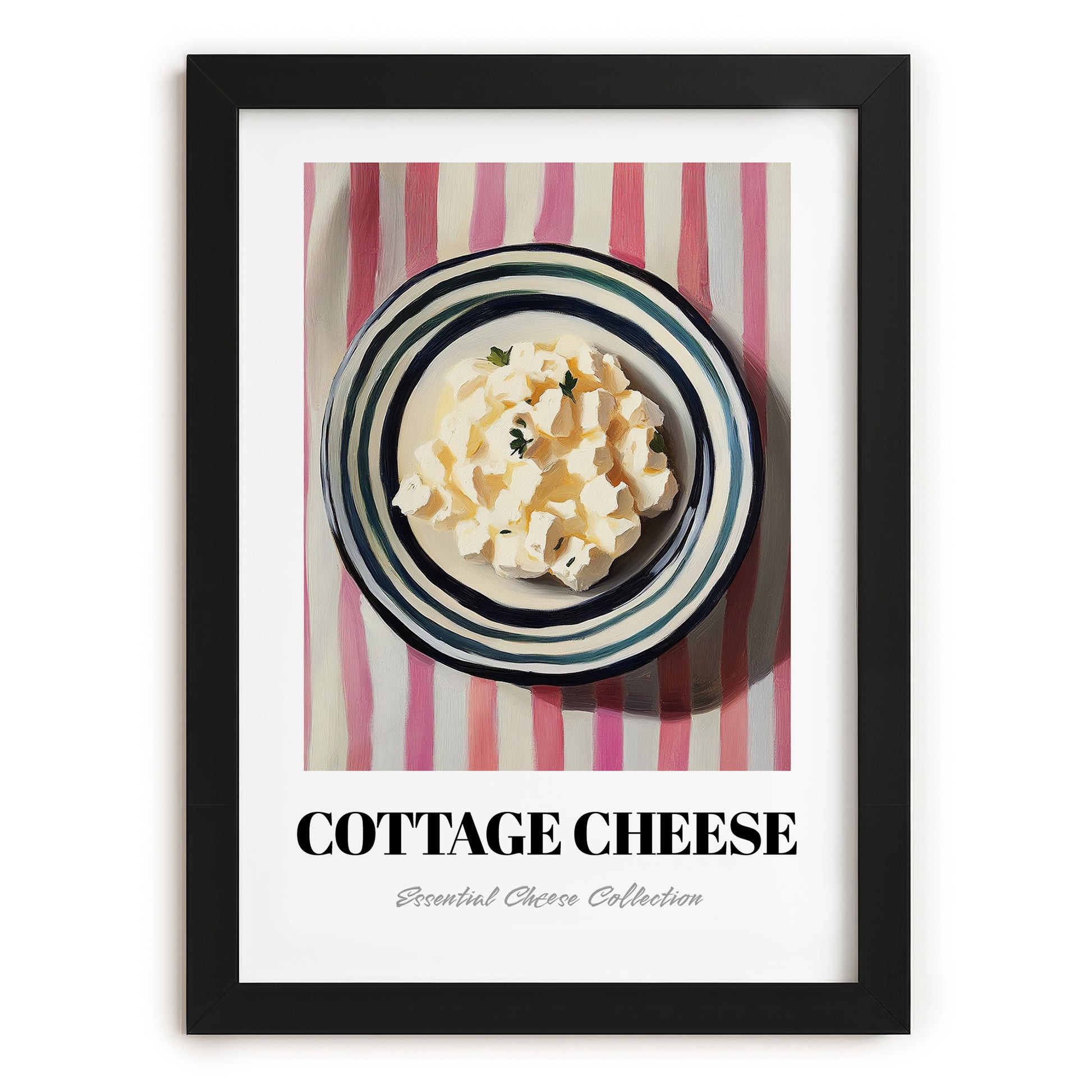 Cottage – on Striped Tablecloth, Cheese Wall Decor, in sleek black frame