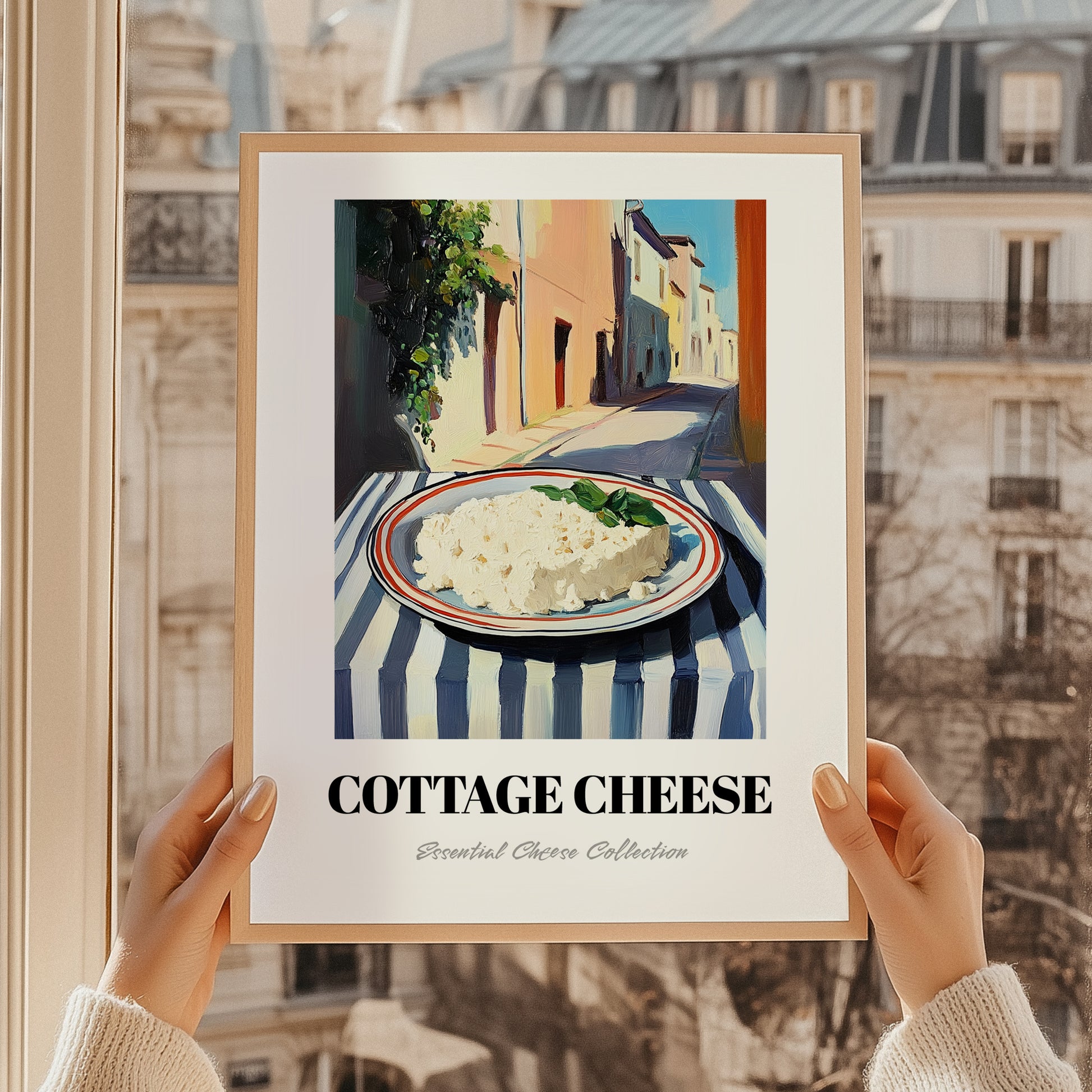 Cottage – Italian Café on the Corner, Cheese Poster, styled in a charming Paris street view