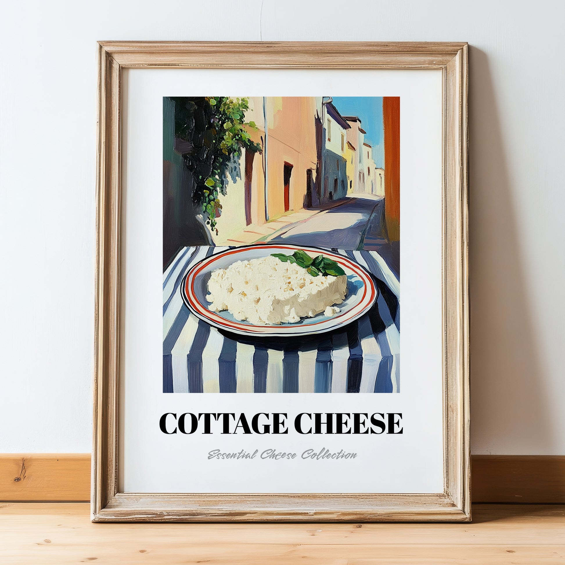 Cottage – Italian Café on the Corner, Cheese Poster, in wooden frame leaning on the floor
