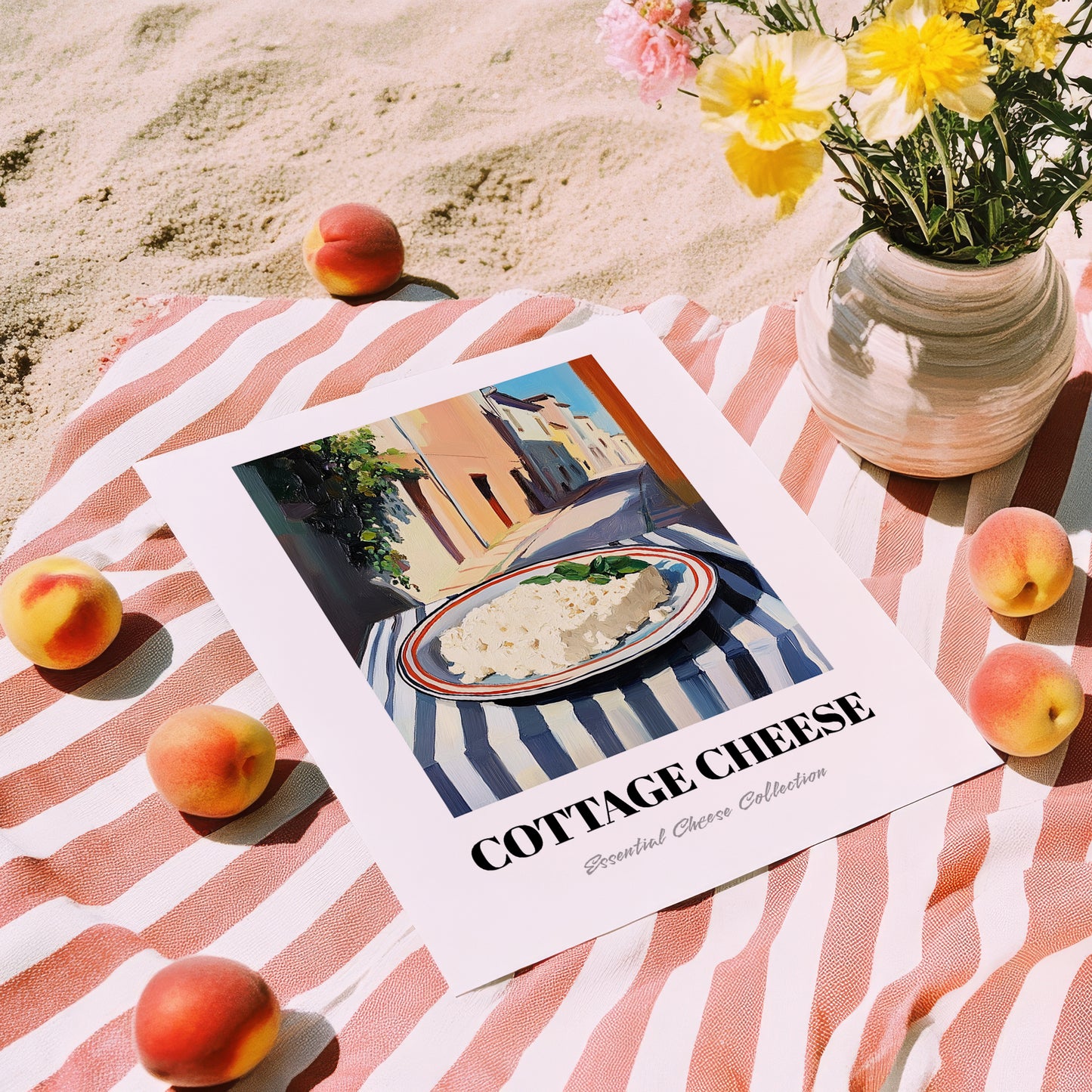Cottage – Italian Café on the Corner, Cheese Poster, unframed on coastal sand