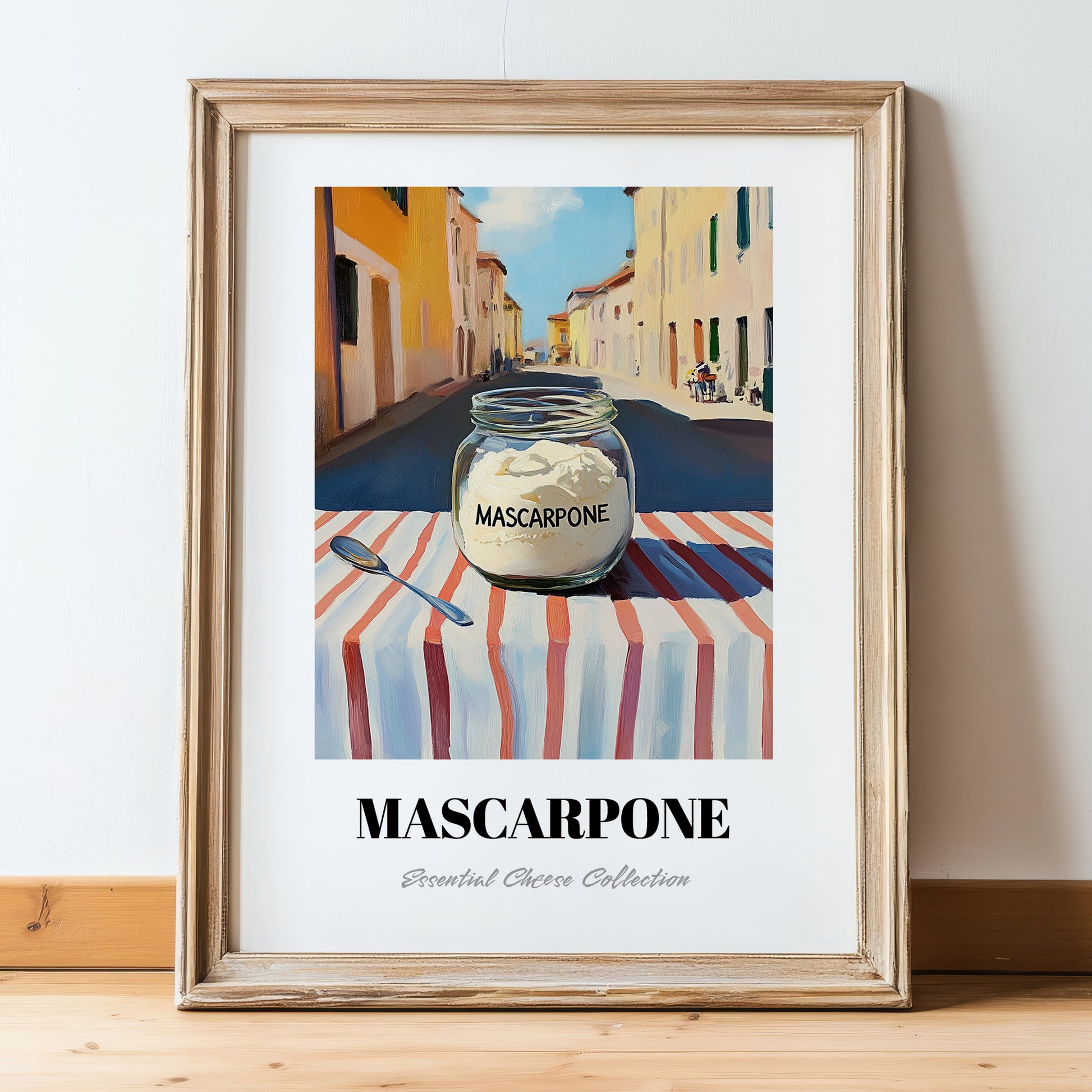 Mascarpone – Italian Outdoor Café Scene, Cheese Poster, in wooden frame leaning on the floor