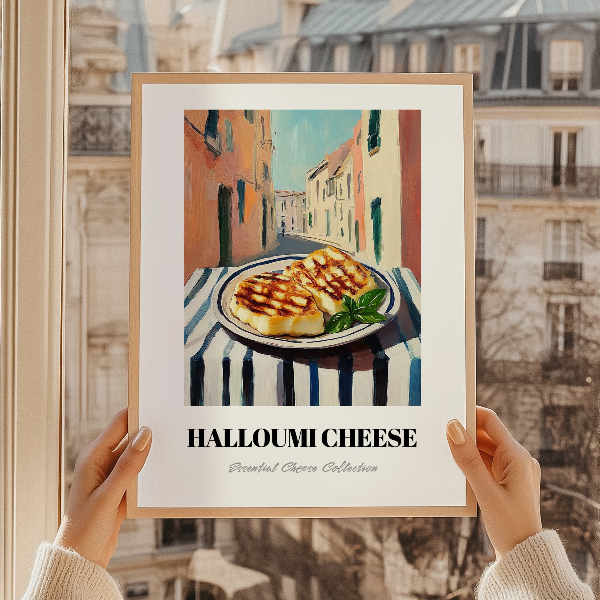 Halloumi – Italian Street Café Scene, Cheese Painting, styled in a charming Paris street view
