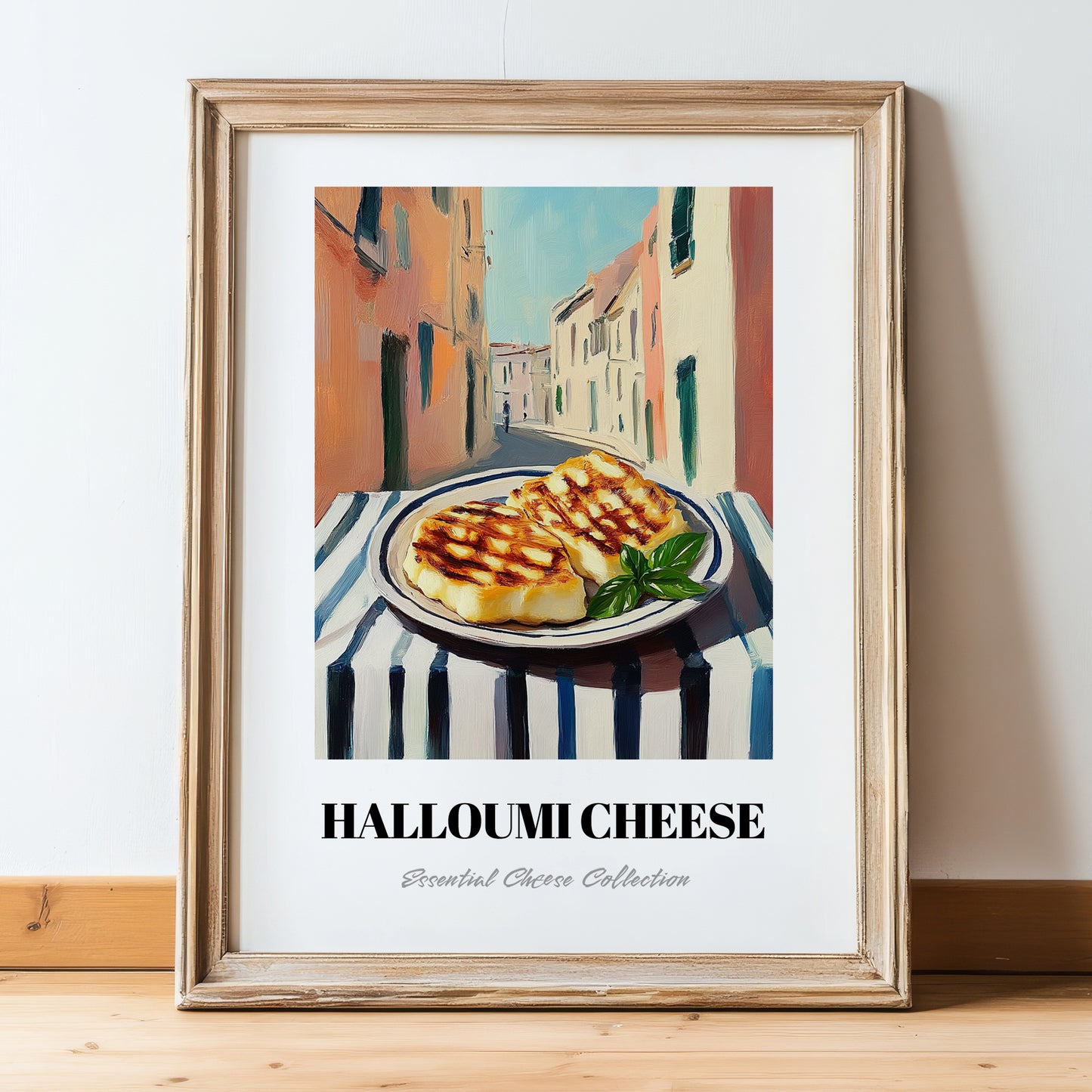 Halloumi – Italian Street Café Scene, Cheese Painting, in wooden frame leaning on the floor