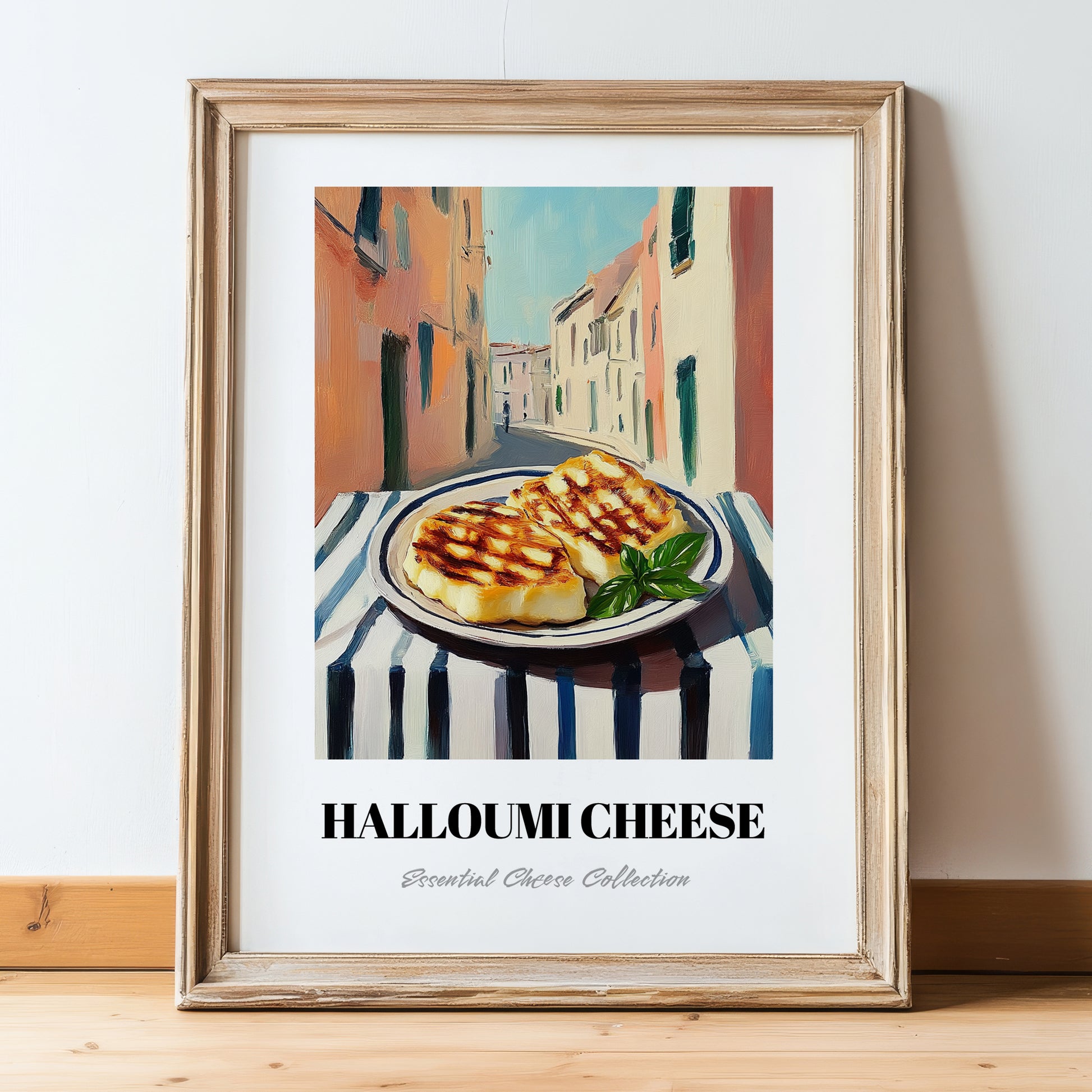 Halloumi – Italian Street Café Scene, Cheese Painting, in wooden frame leaning on the floor