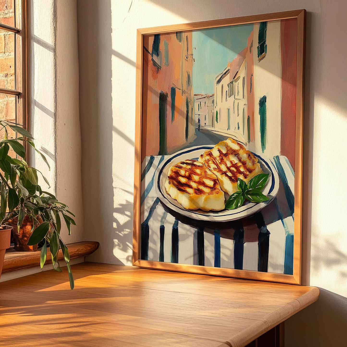 Halloumi – Italian Street Café Scene, Cheese Painting, clean layout with no caption