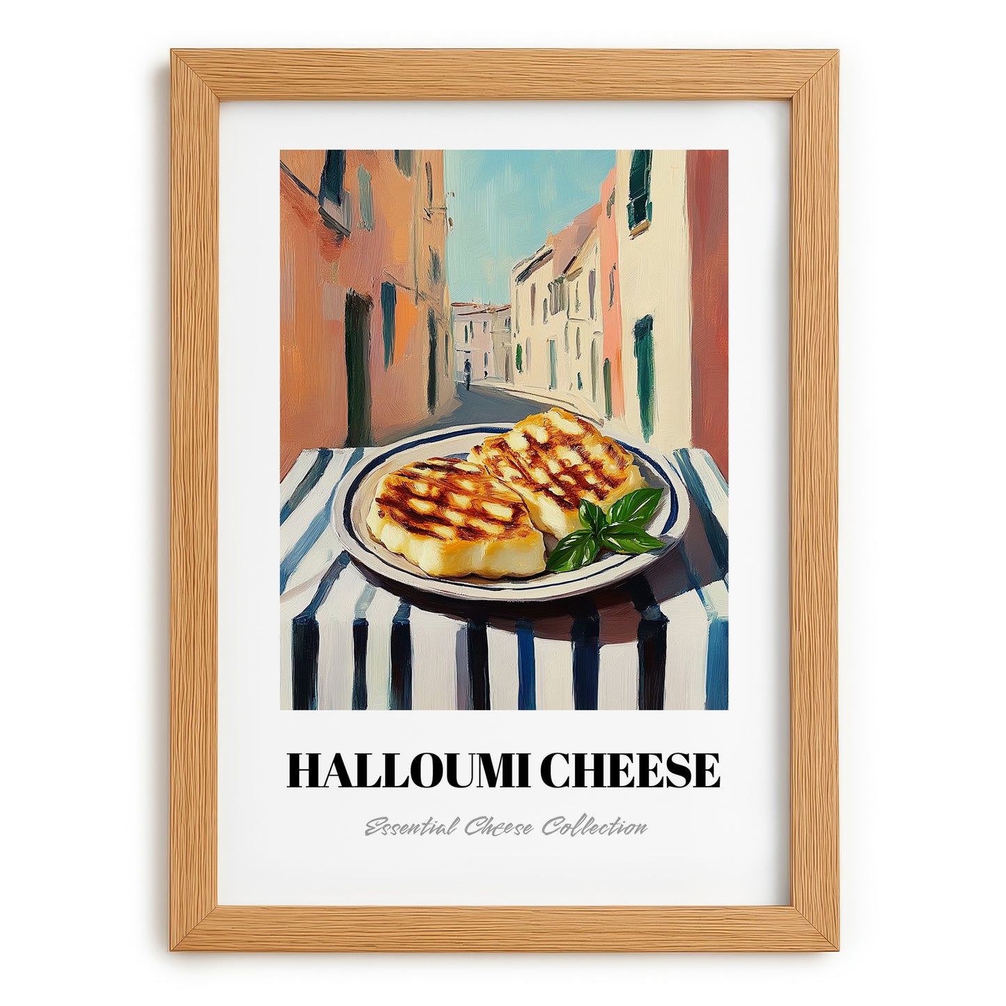 Halloumi – Italian Street Café Scene, Cheese Painting, set in oak frame