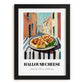 Halloumi – Italian Street Café Scene, Cheese Painting, in sleek black frame