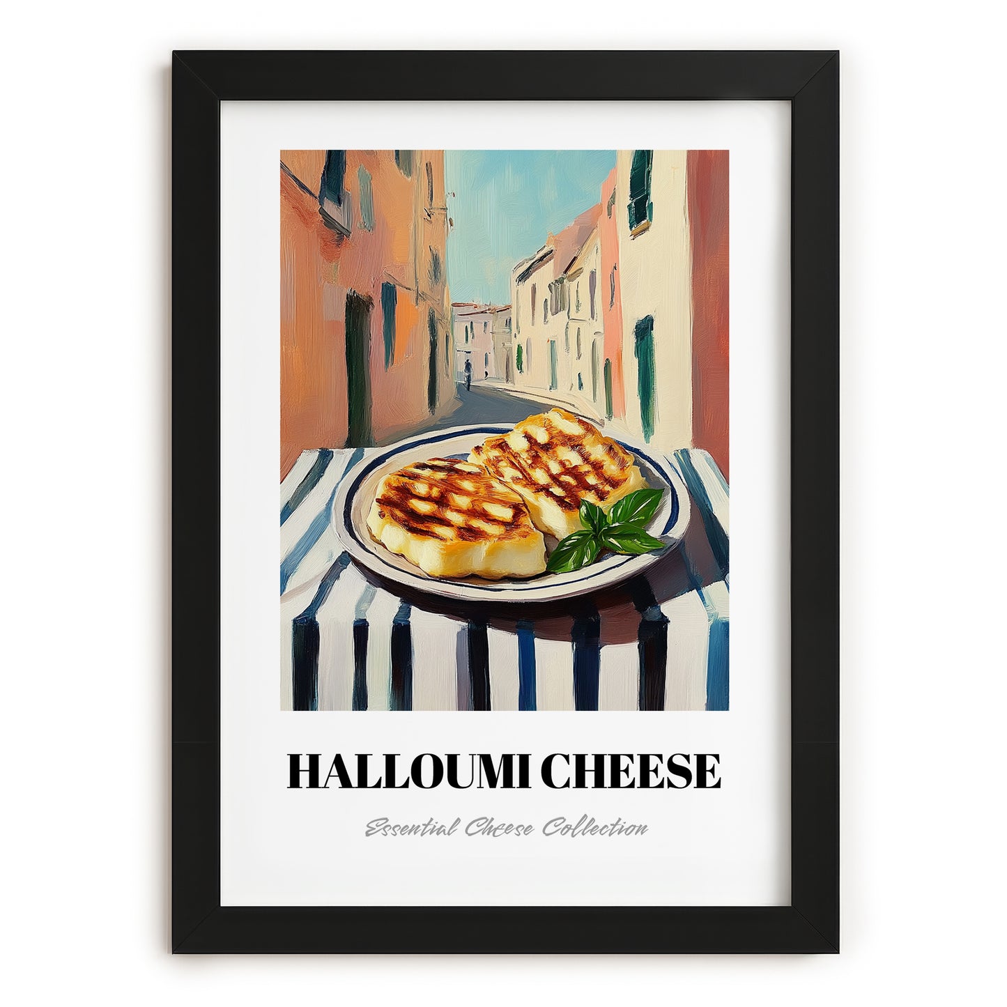 Halloumi – Italian Street Café Scene, Cheese Painting, in sleek black frame