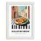 Halloumi – Italian Street Café Scene, Cheese Painting, placed in minimal white frame