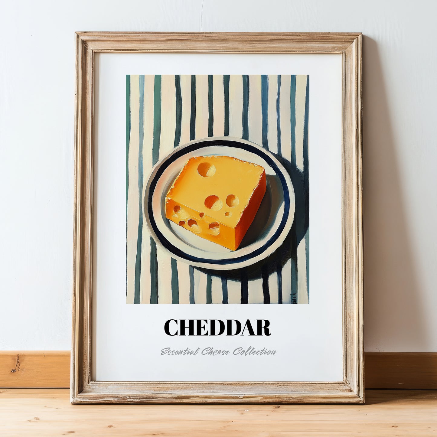Cheddar – on Striped Tablecloth, Cheese Wall Painting, in wooden frame leaning on the floor
