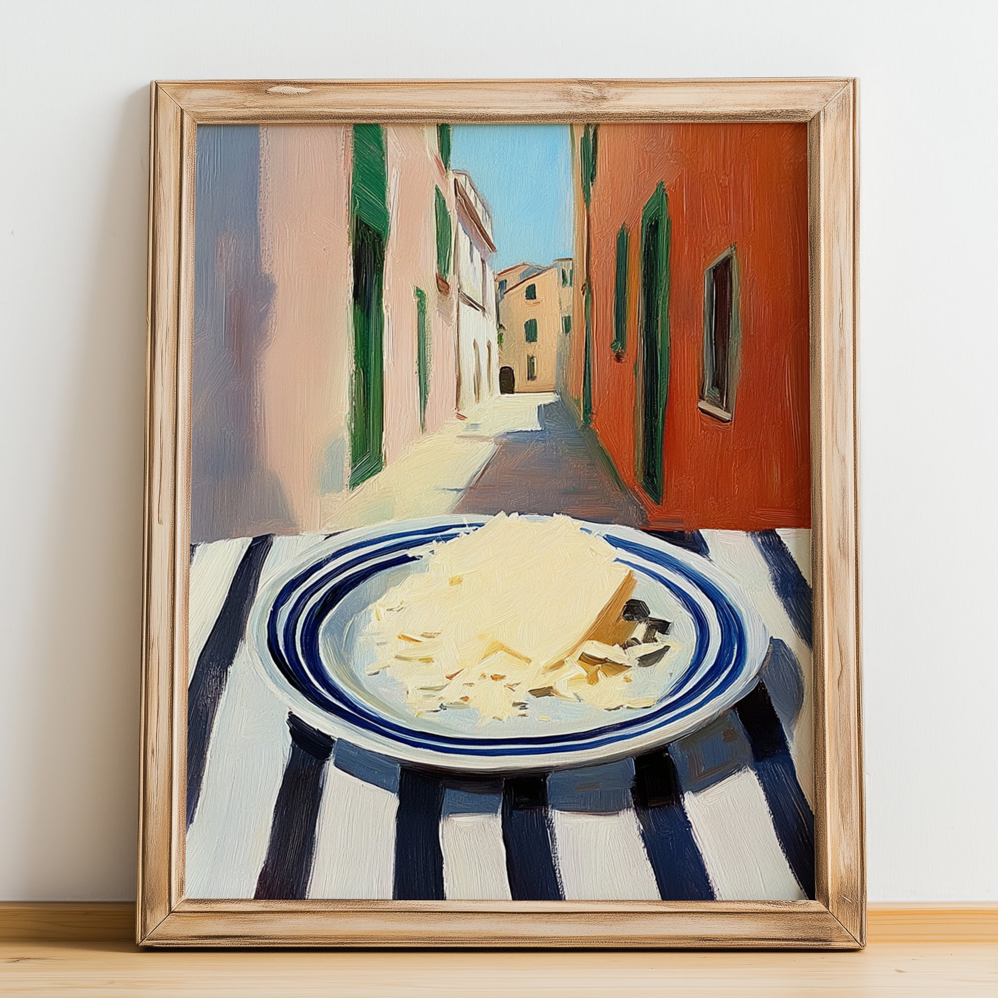 Parmesan – Italian Outdoor Café Scene, Cheese Illustration, no-text version framed in wood