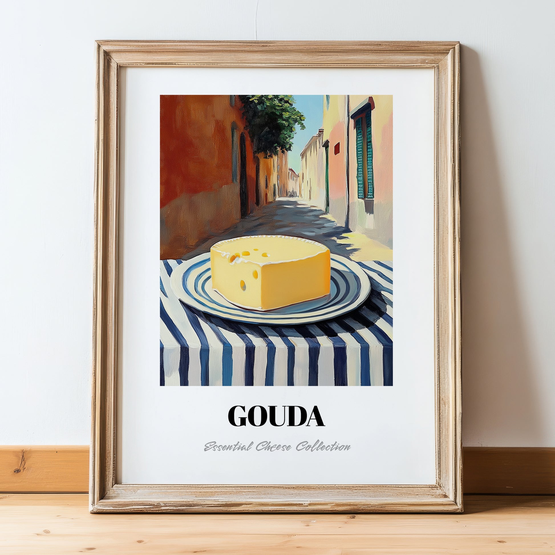 Gouda – Italian Outdoor Café Scene, Cheese Wall Painting, in wooden frame leaning on the floor