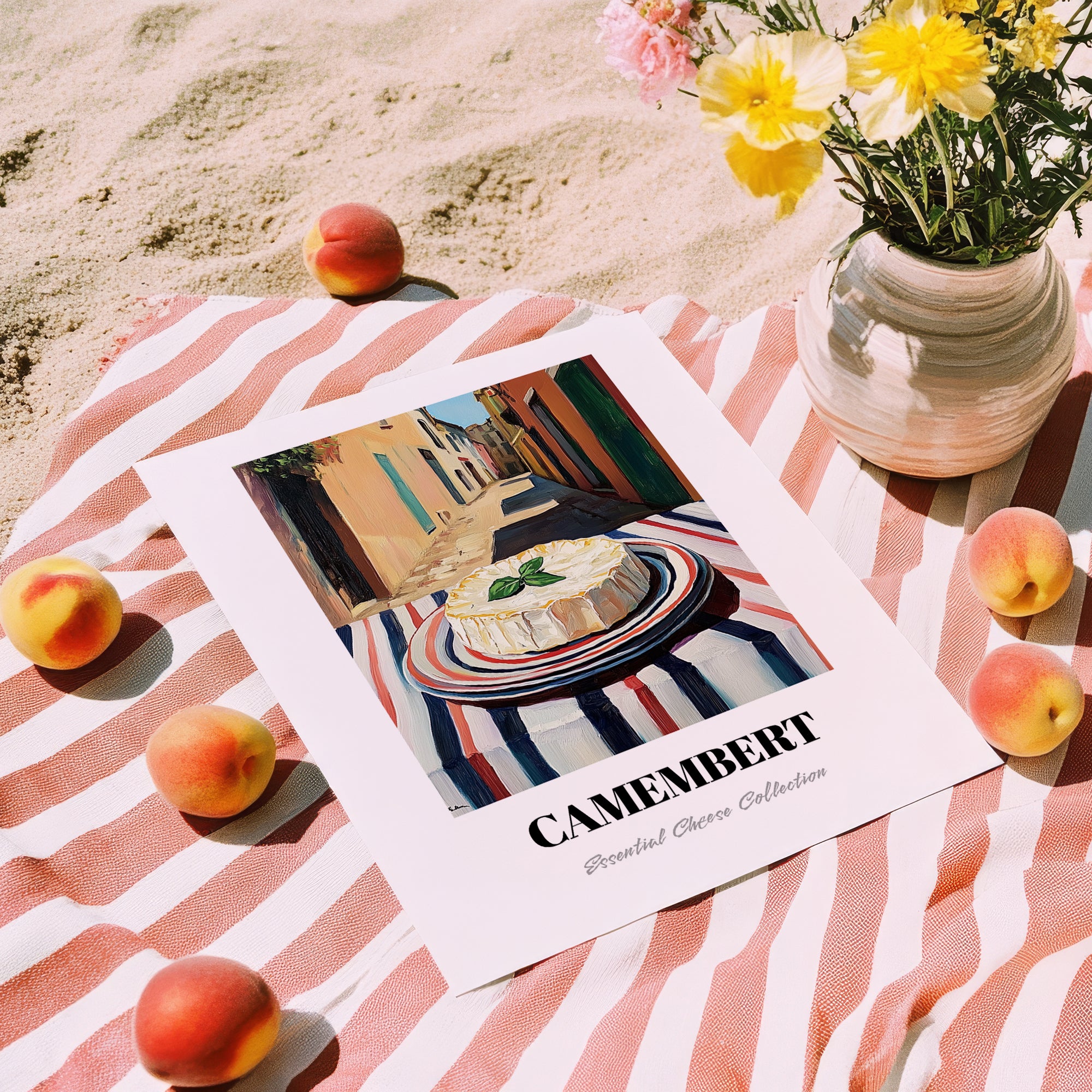 Camembert – Italian Outdoor Café Scene, Cheese Illustration, unframed on coastal sand