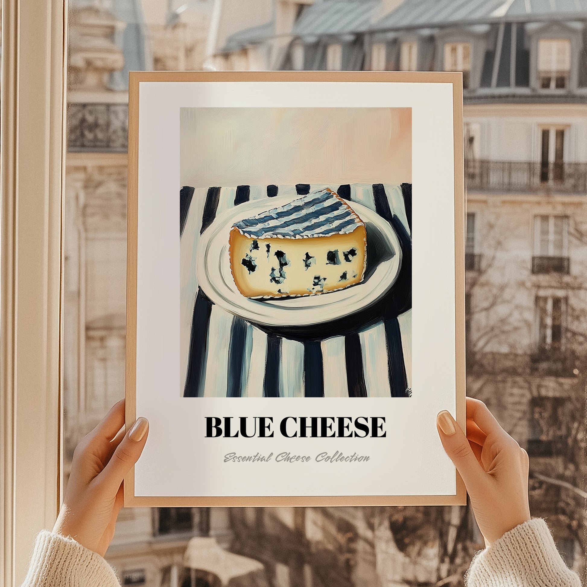 Blue – on Striped Tablecloth, Cheese Poster, styled in a charming Paris street view