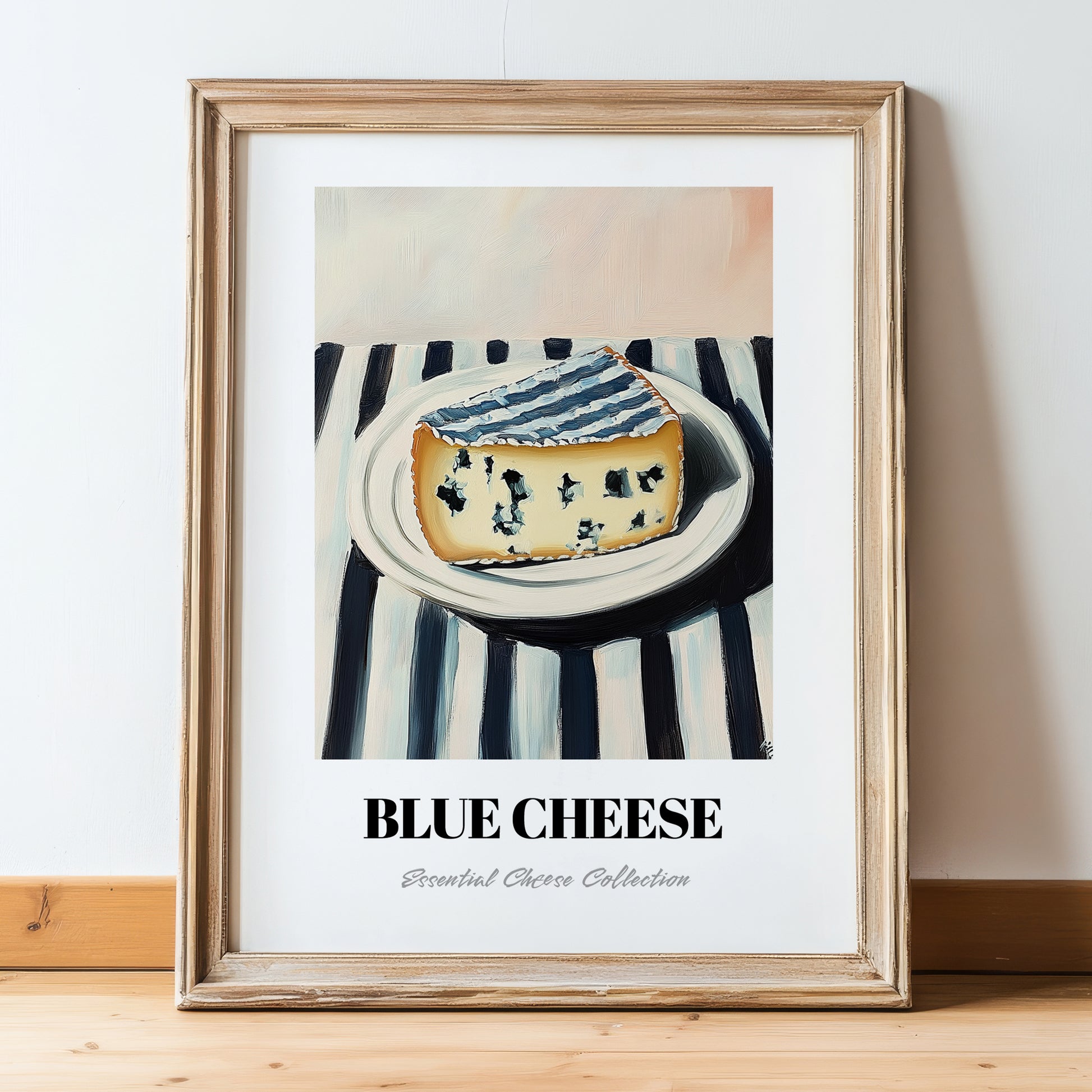 Blue – on Striped Tablecloth, Cheese Poster, in wooden frame leaning on the floor