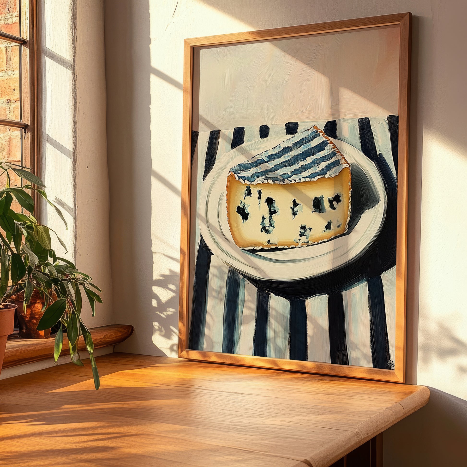 Blue – on Striped Tablecloth, Cheese Poster, clean layout with no caption