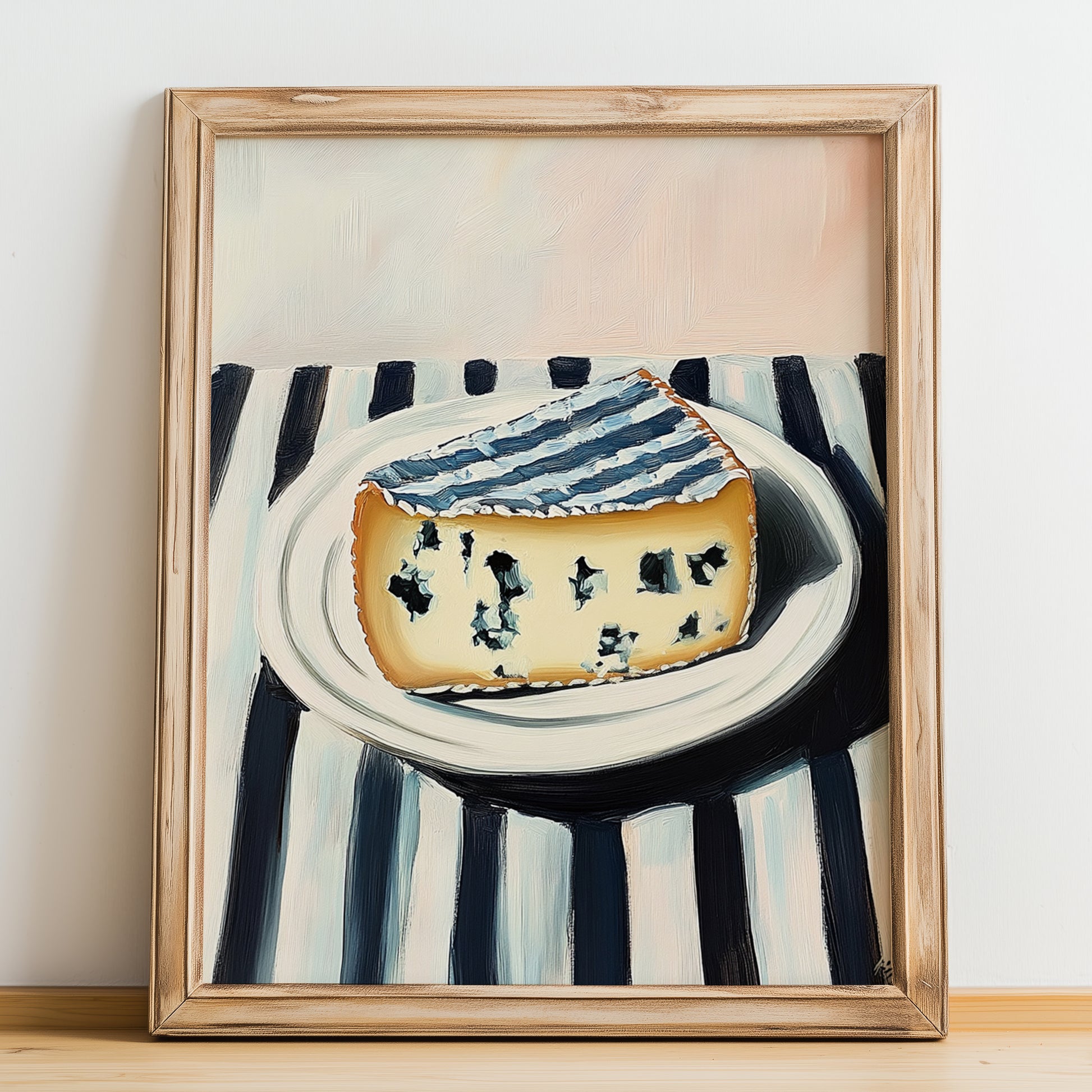 Blue – on Striped Tablecloth, Cheese Poster, no-text version framed in wood