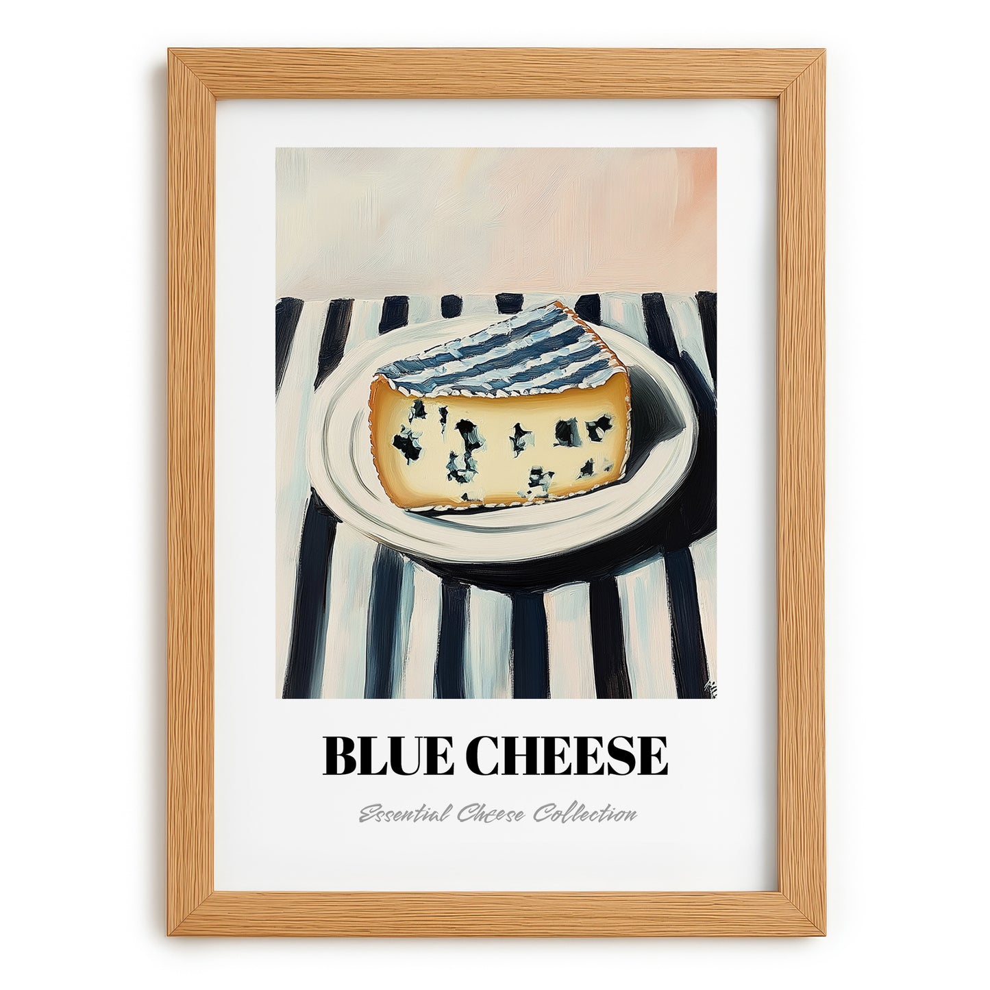 Blue – on Striped Tablecloth, Cheese Poster, set in oak frame