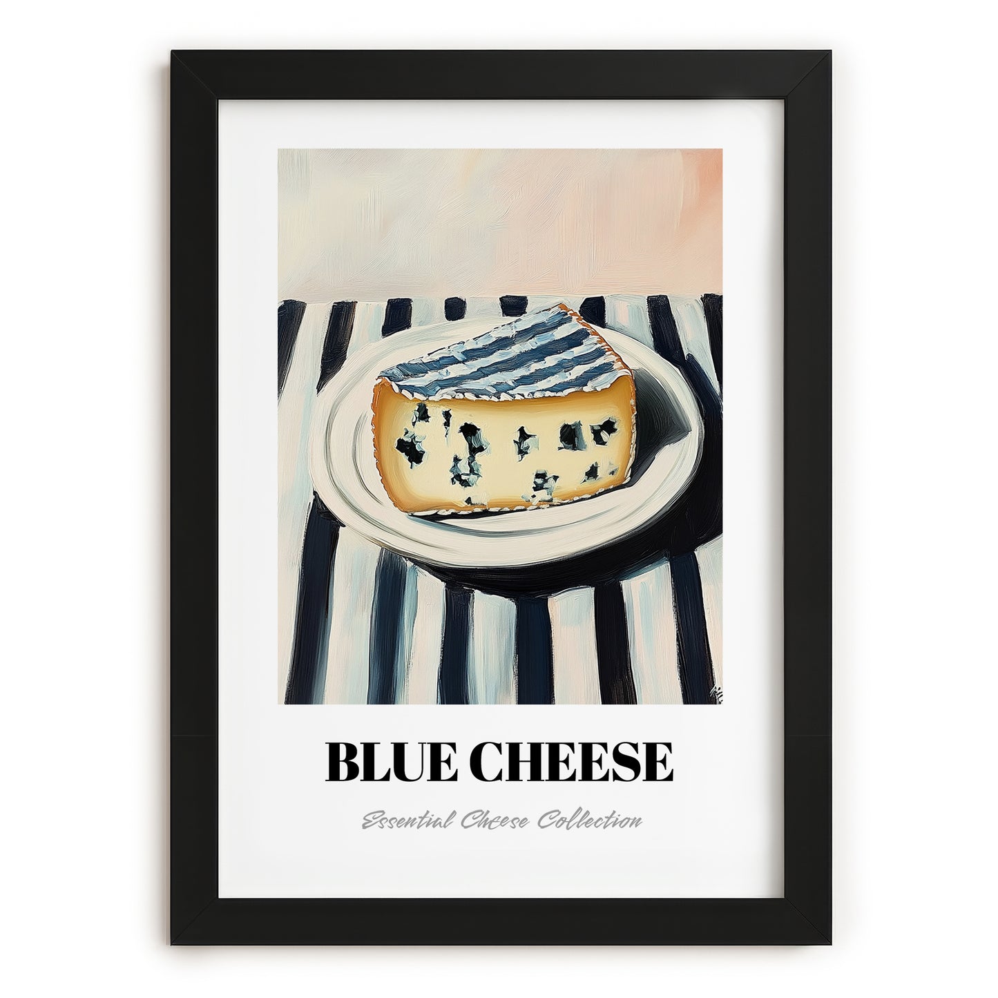 Blue – on Striped Tablecloth, Cheese Poster, in sleek black frame