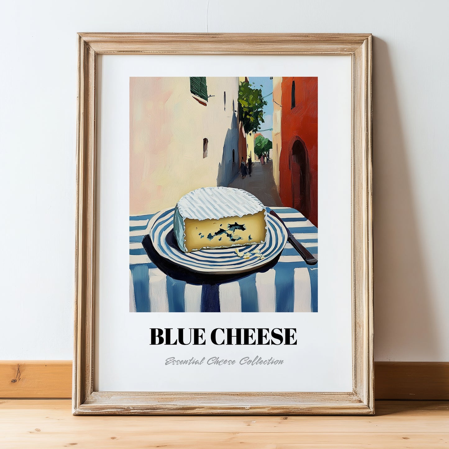 Blue – Italian Café on the Corner, Cheese Wall Decor, in wooden frame leaning on the floor