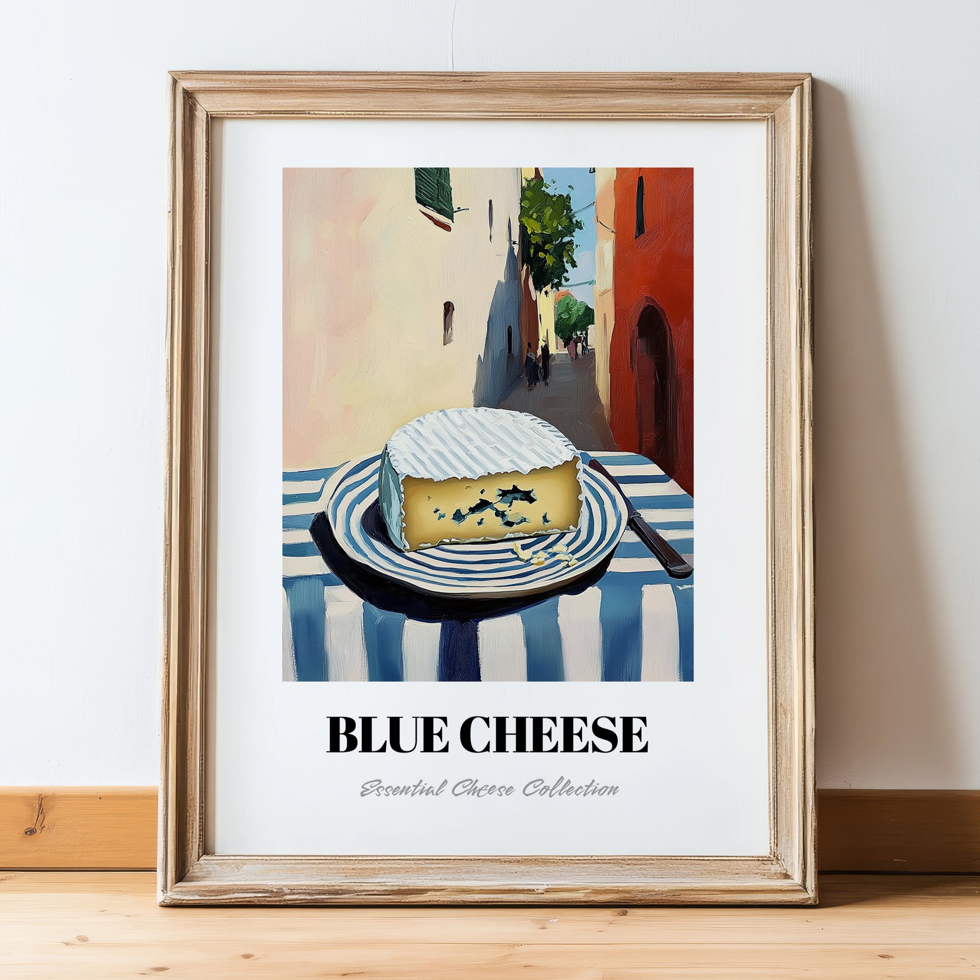 Blue – Italian Café on the Corner, Cheese Wall Decor, in wooden frame leaning on the floor