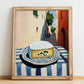 Blue – Italian Café on the Corner, Cheese Wall Decor, no-text version framed in wood