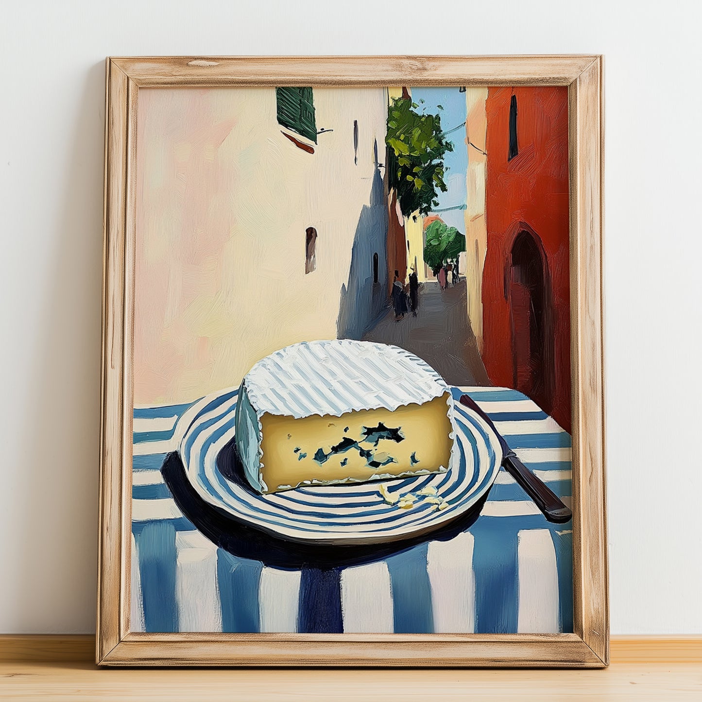 Blue – Italian Café on the Corner, Cheese Wall Decor, no-text version framed in wood