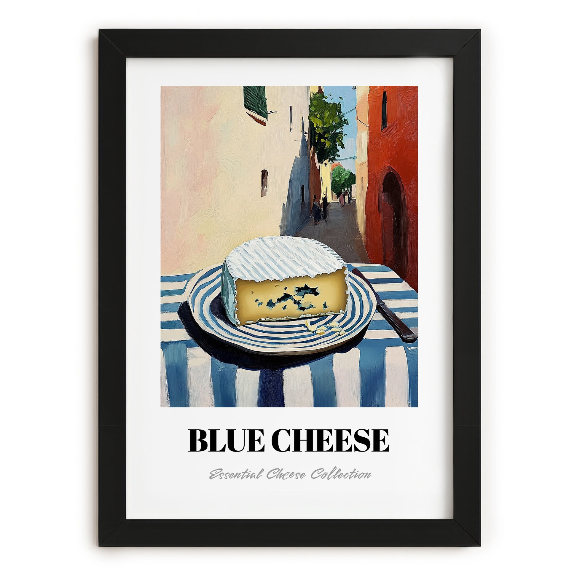 Blue – Italian Café on the Corner, Cheese Wall Decor, in sleek black frame