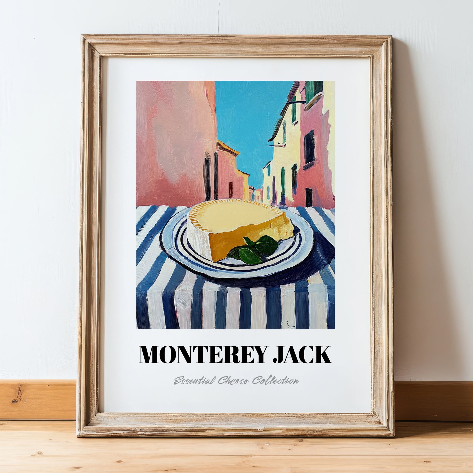 Monterey Jack – Italian Street Café Scene, Cheese Wall Decor, in wooden frame leaning on the floor