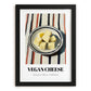 Vegan – on Striped Tablecloth, Cheese Poster, in sleek black frame