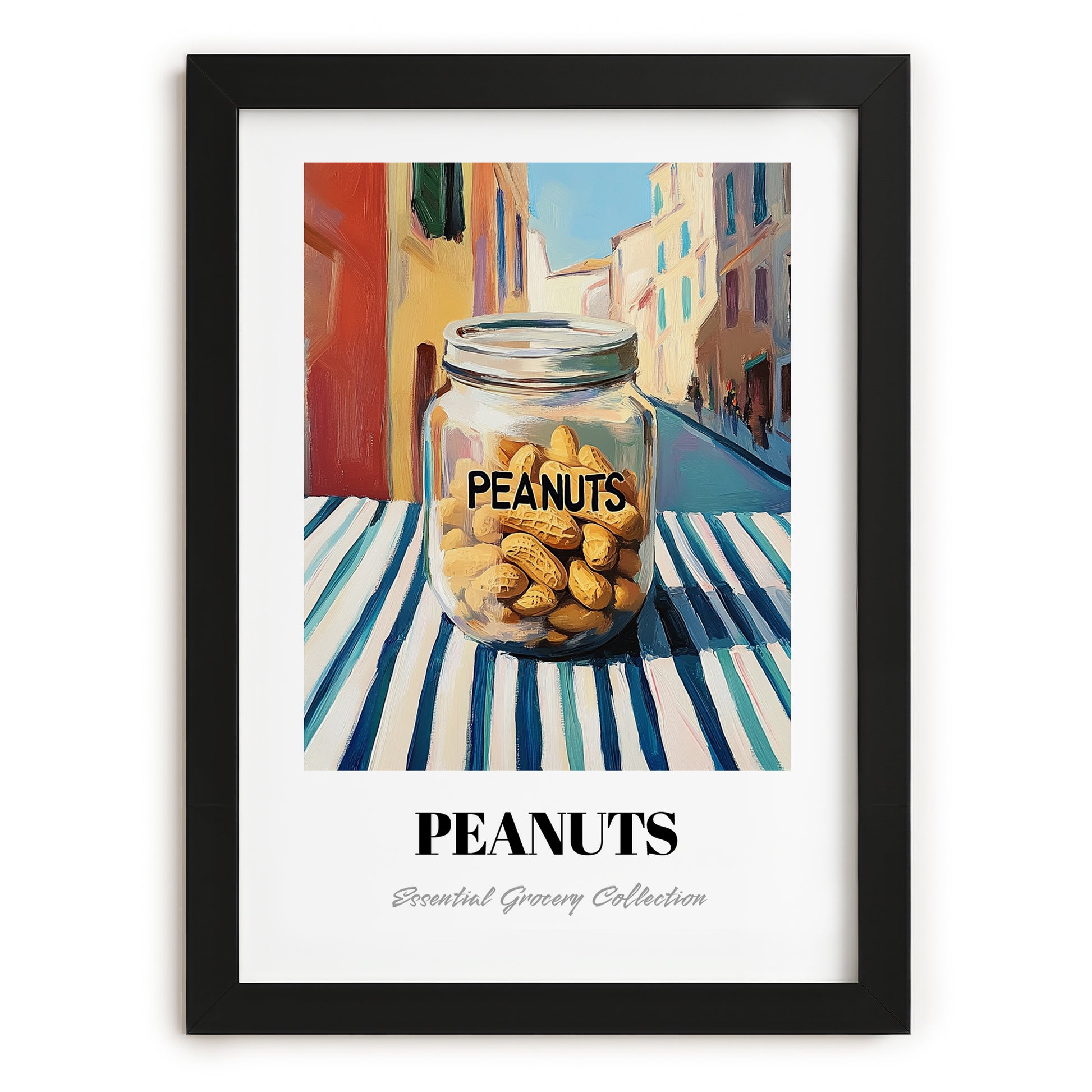 Peanuts – Italian Café on the Corner, Nuts Illustration, in sleek black frame