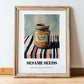 Sesame Seeds – on Striped Tablecloth, Nuts Poster, in wooden frame leaning on the floor