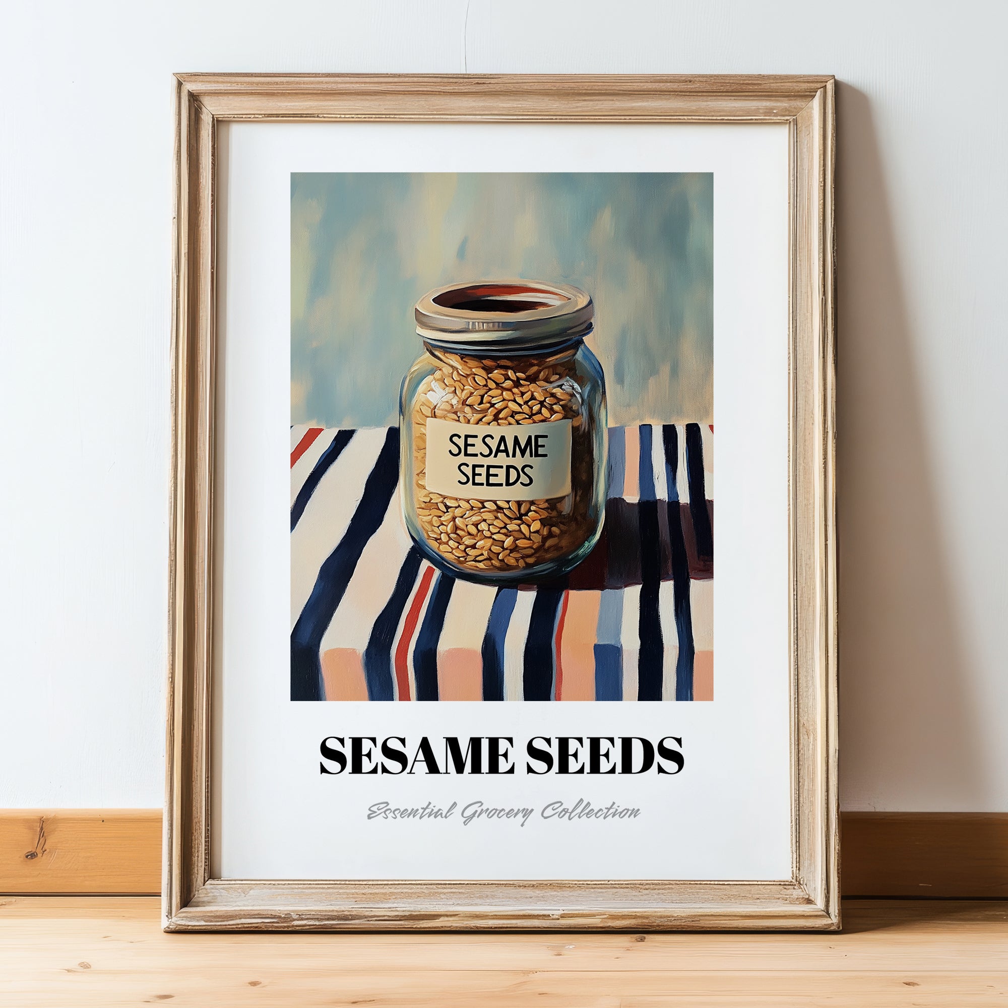 Sesame Seeds – on Striped Tablecloth, Nuts Poster, in wooden frame leaning on the floor