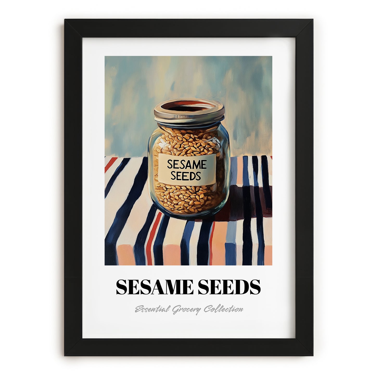 Sesame Seeds – on Striped Tablecloth, Nuts Poster, in sleek black frame