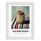 Sesame Seeds – on Striped Tablecloth, Nuts Poster, placed in minimal white frame