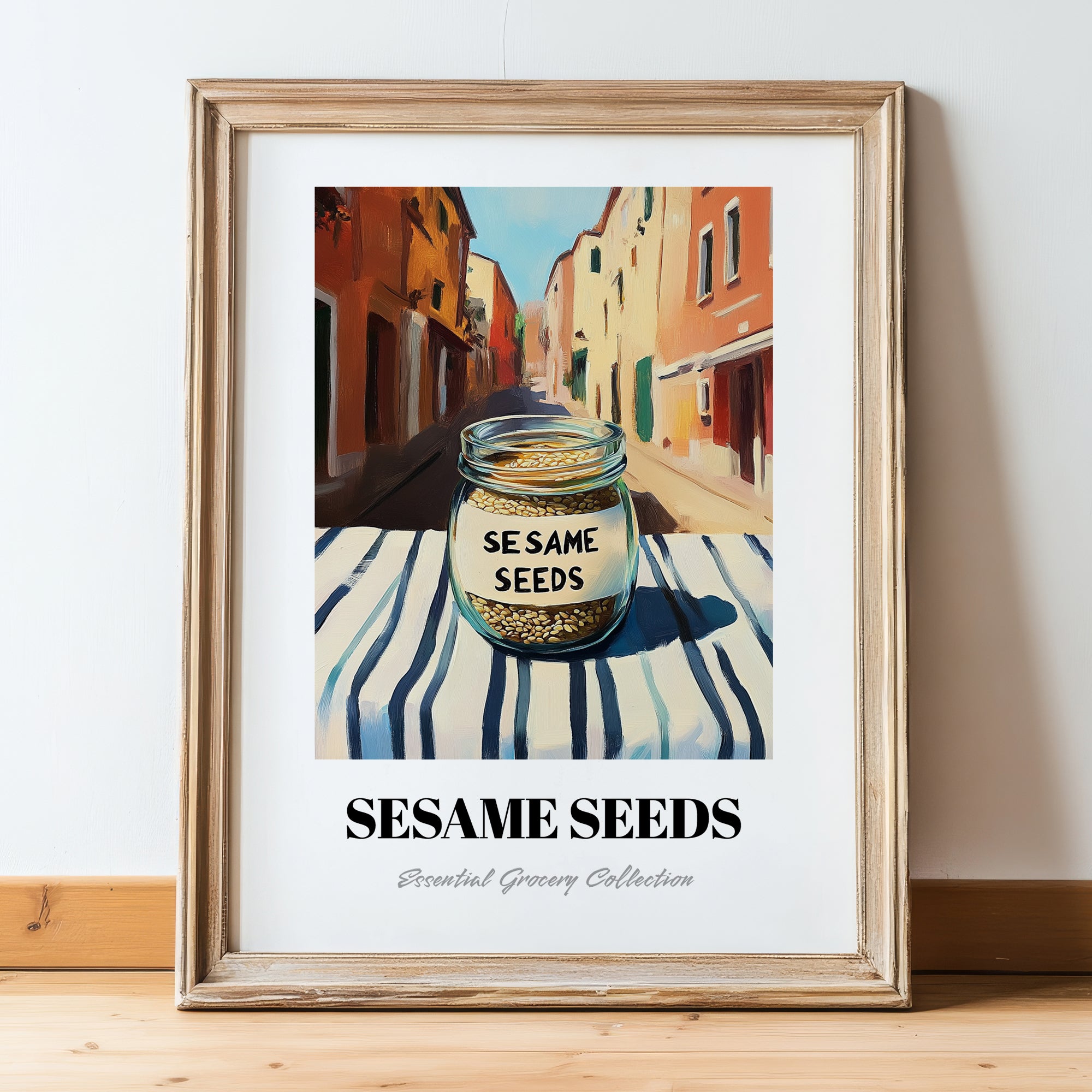 Sesame Seeds – Italian Café on the Corner, Nuts Wall Art, in wooden frame leaning on the floor