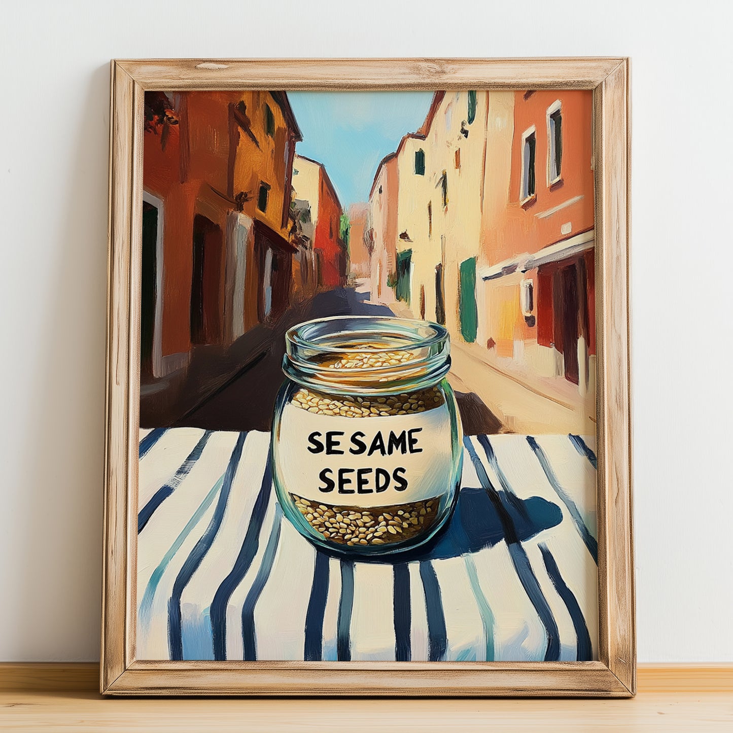 Sesame Seeds – Italian Café on the Corner, Nuts Wall Art, no-text version framed in wood
