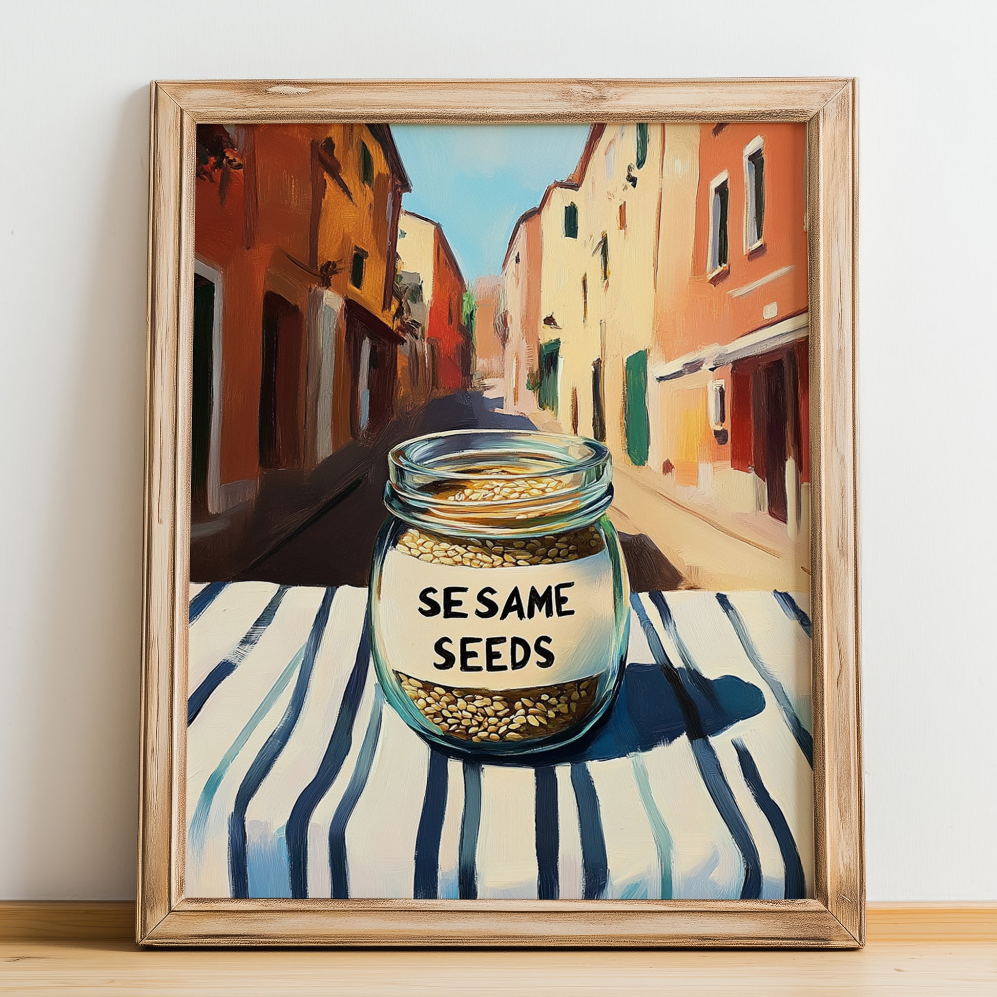Sesame Seeds – Italian Café on the Corner, Nuts Wall Art, no-text version framed in wood