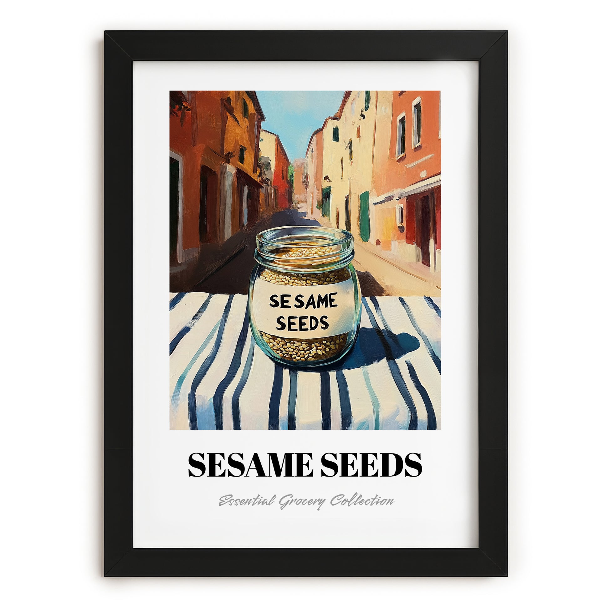 Sesame Seeds – Italian Café on the Corner, Nuts Wall Art, in sleek black frame