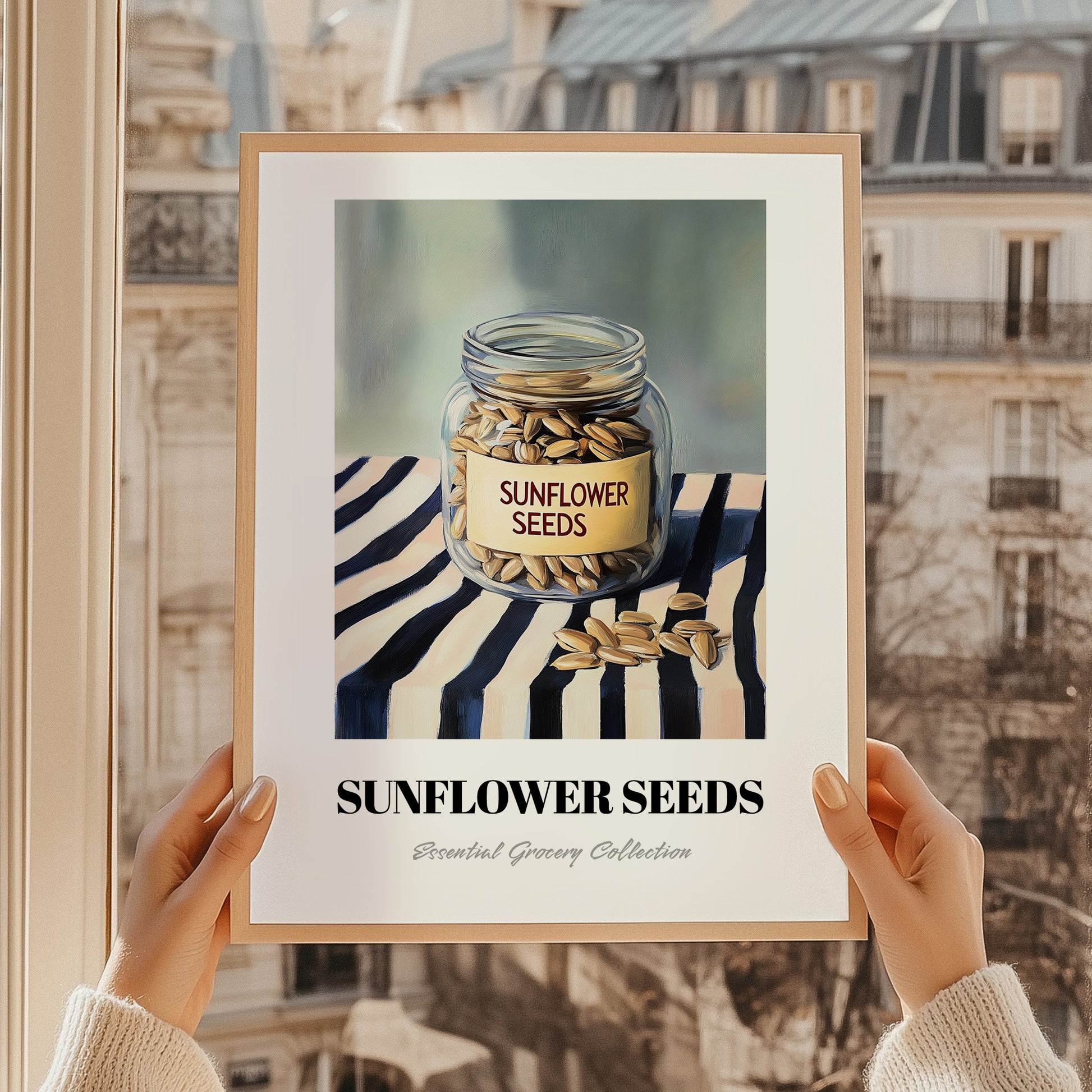 Sunflower Seeds – on Striped Tablecloth, Nuts Illustration, styled in a charming Paris street view