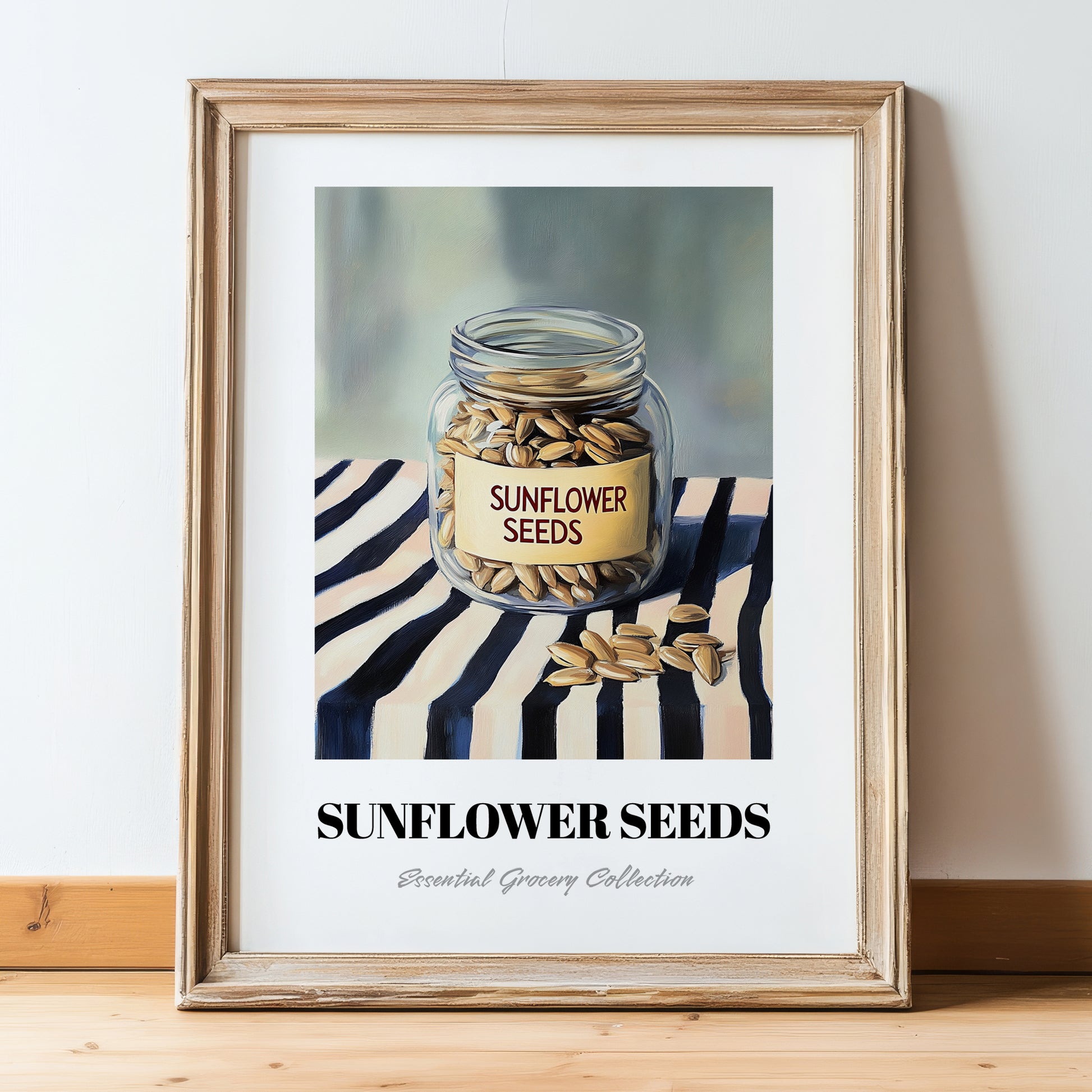 Sunflower Seeds – on Striped Tablecloth, Nuts Illustration, in wooden frame leaning on the floor